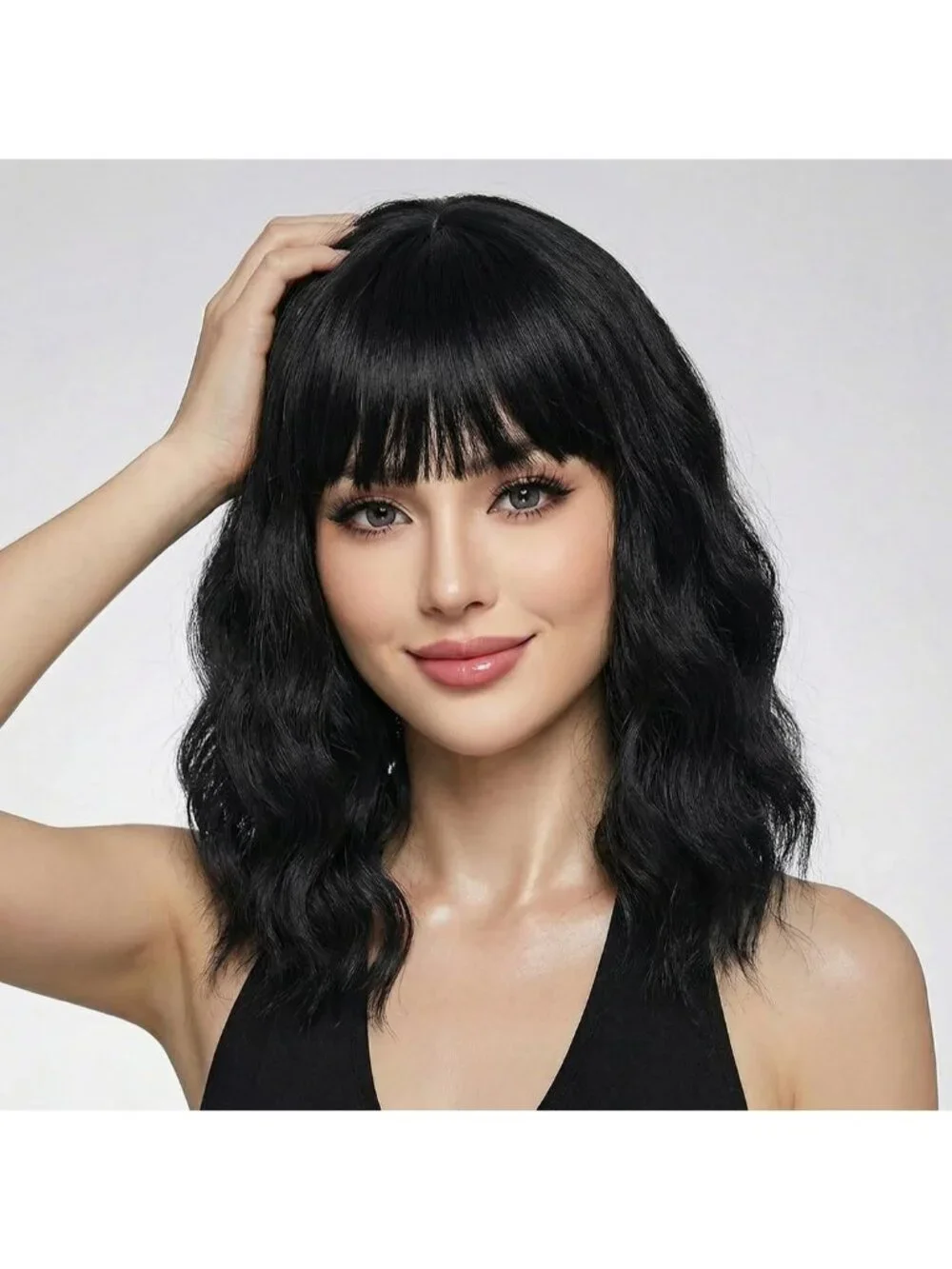 Women's Black 14 Inch Short Shoulder Length Synthetic Bangs Wavy Bob Wig